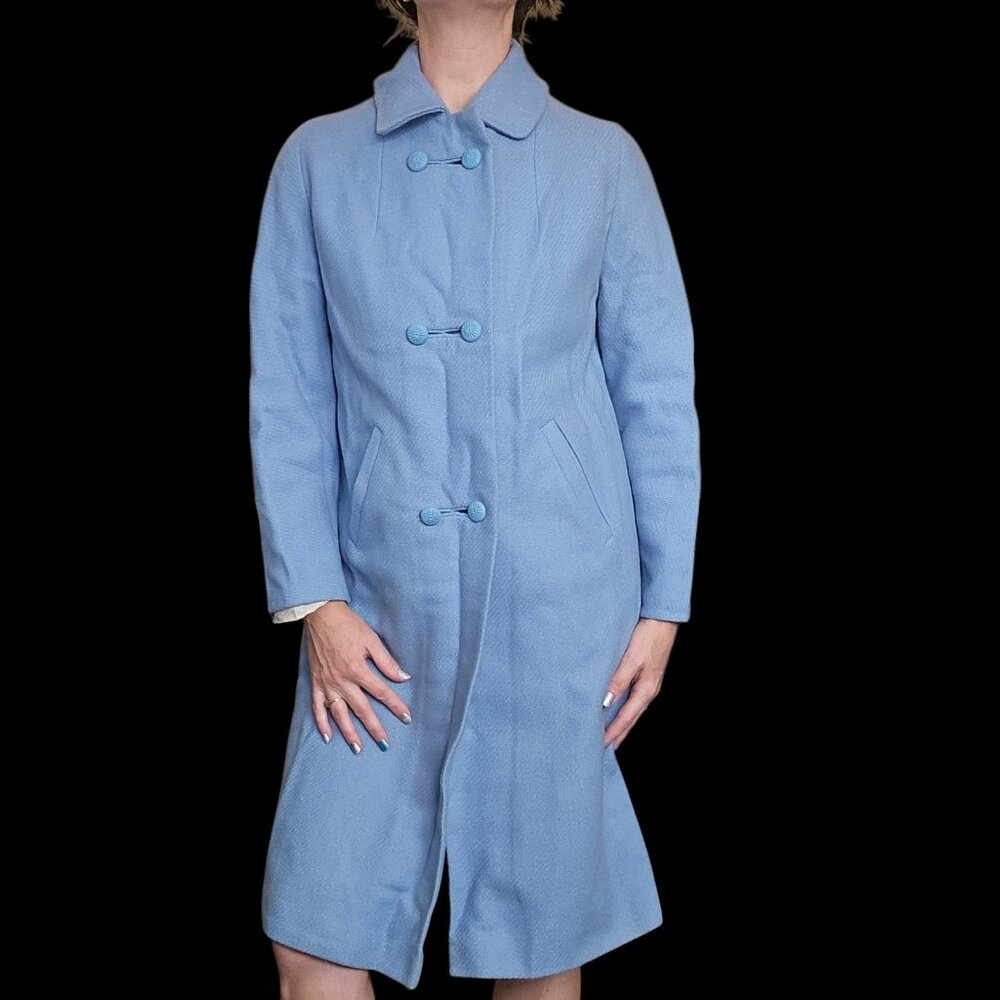 60s Light Blue‎ Wool Peacoat Double Breasted USA Pastel Sz Small Knee Length